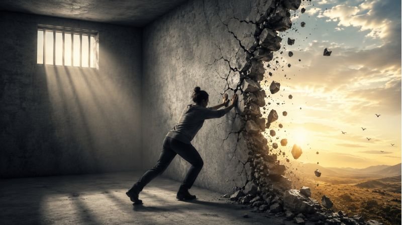 A symbolic figure pushing through a cracked concrete wall from a dark enclosed room toward a bright open landscape, representing humanity's psychological response to confinement and the desire for freedom.
