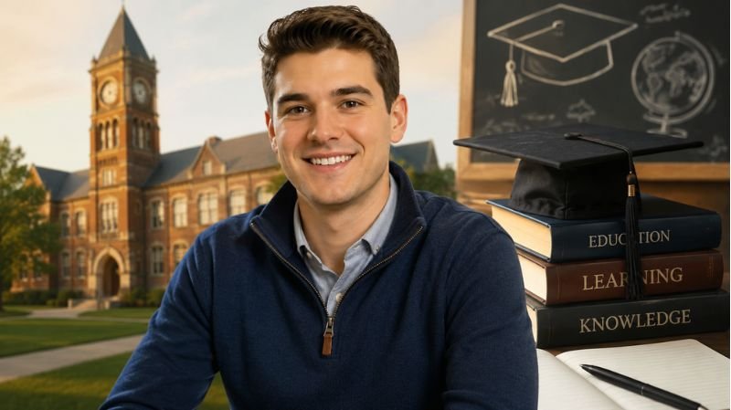 Illustration of a young man representing Josh Grisetti's early life and education with a university campus in the background.