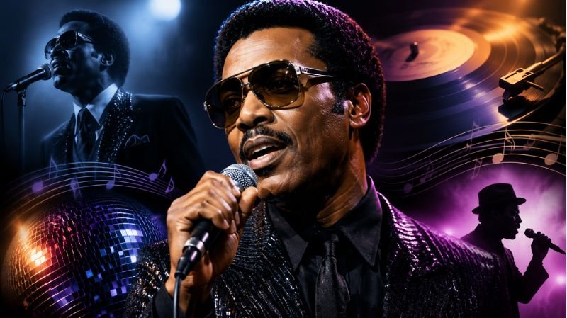 Stylized portrait of Victor Willis singing into a microphone with disco-inspired lighting, musical notes, and a vinyl record in the background.