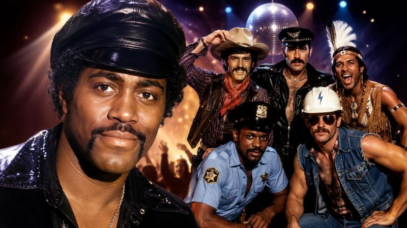 Victor Willis performing during the disco era with the iconic members of Village People under colorful stage lights.