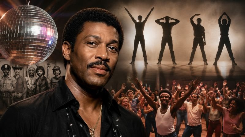 Victor Willis-inspired disco-themed artwork featuring a performer, a disco ball, dancing crowd, and iconic Y.M.C.A. pose silhouettes celebrating the song's lasting legacy.