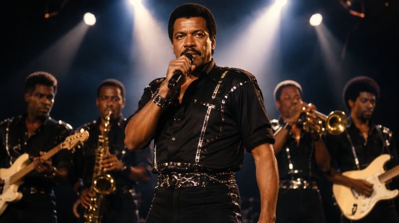 Victor Willis performing at the center of a live band performance under dramatic stage lighting with musicians in the background.