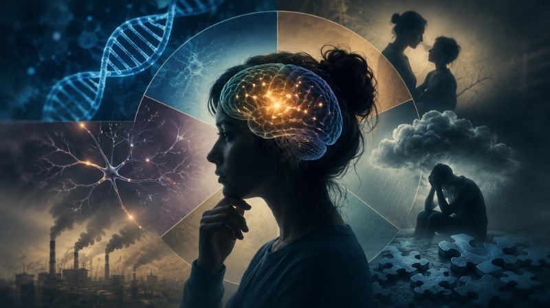 Conceptual illustration of a person with a glowing brain surrounded by symbolic elements representing possible causes of the Syndrome, including genetics, environmental factors, stress, and neurological changes.