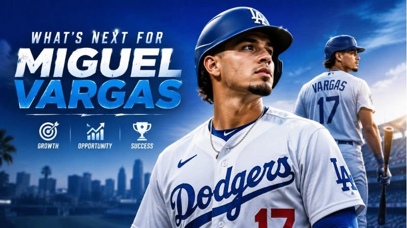 Miguel Vargas in a baseball uniform looking toward the future with a stadium backdrop, representing the next phase of his MLB career.