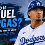 Miguel Vargas holding a baseball bat in a Los Angeles Dodgers uniform with the headline "Who Is Miguel Vargas? Everything You Need to Know About the Baseball Star."