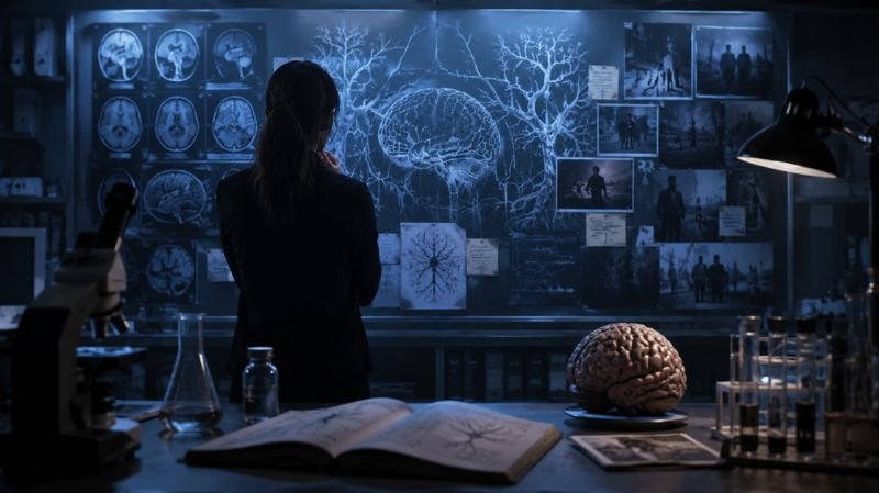 A mysterious underground laboratory with brain scans, research notes, and scientific equipment as an investigator studies clues about a mysterious syndrome.