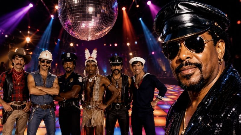 A disco-inspired scene featuring Victor Willis in the foreground with the iconic Village People lineup posing beneath a mirrored disco ball on a vibrant 1970s-style dance floor.